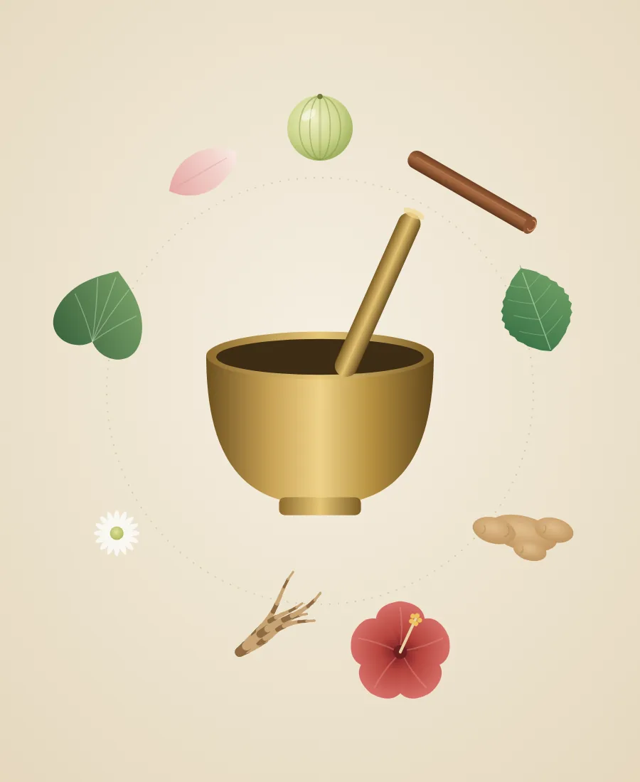 Ayurvedic herbs, spices and oils arranged on a linen cloth