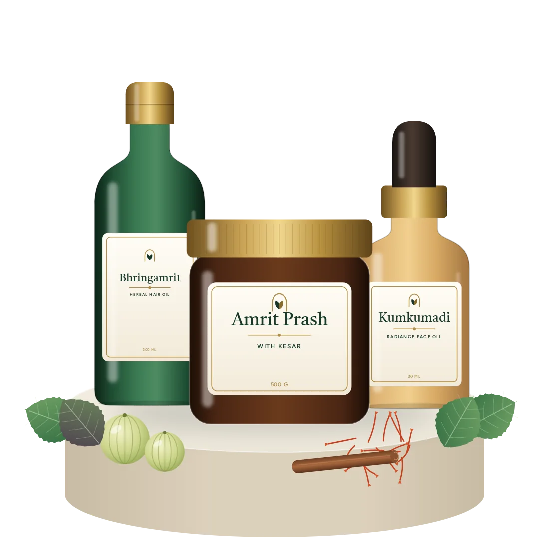 Aurvadic Ayurvedic prash, herbal oils and tablets arranged with fresh tulsi, amla and saffron