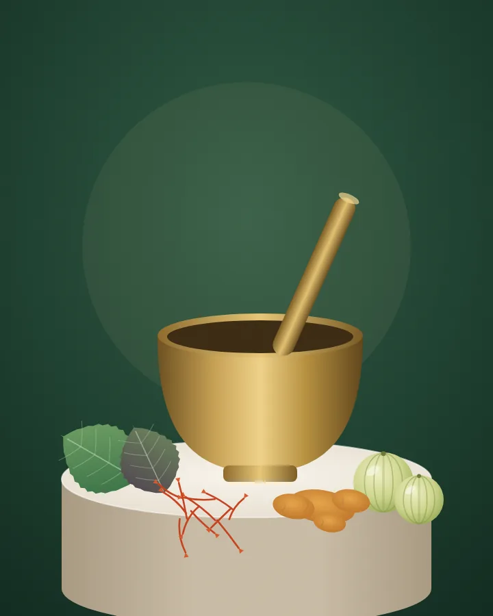 Brass mortar and pestle with fresh tulsi, amla and dried herbs